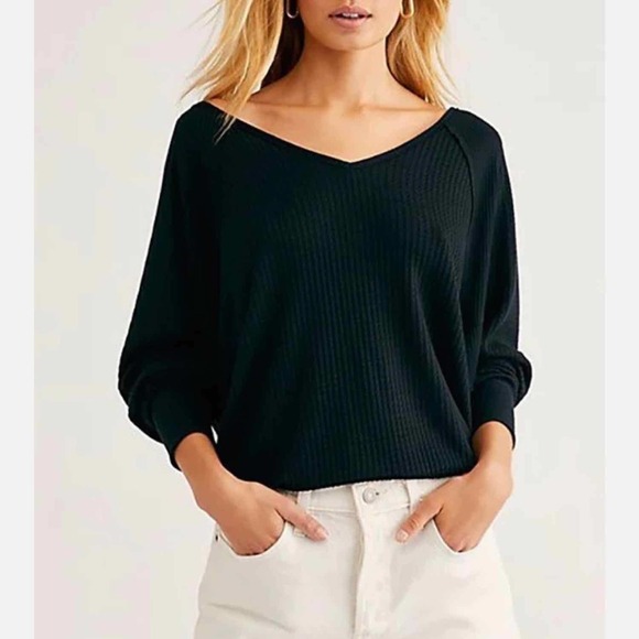 Free People Santa Clara Thermal Textured Knit Top Size Medium Black - Picture 2 of 8